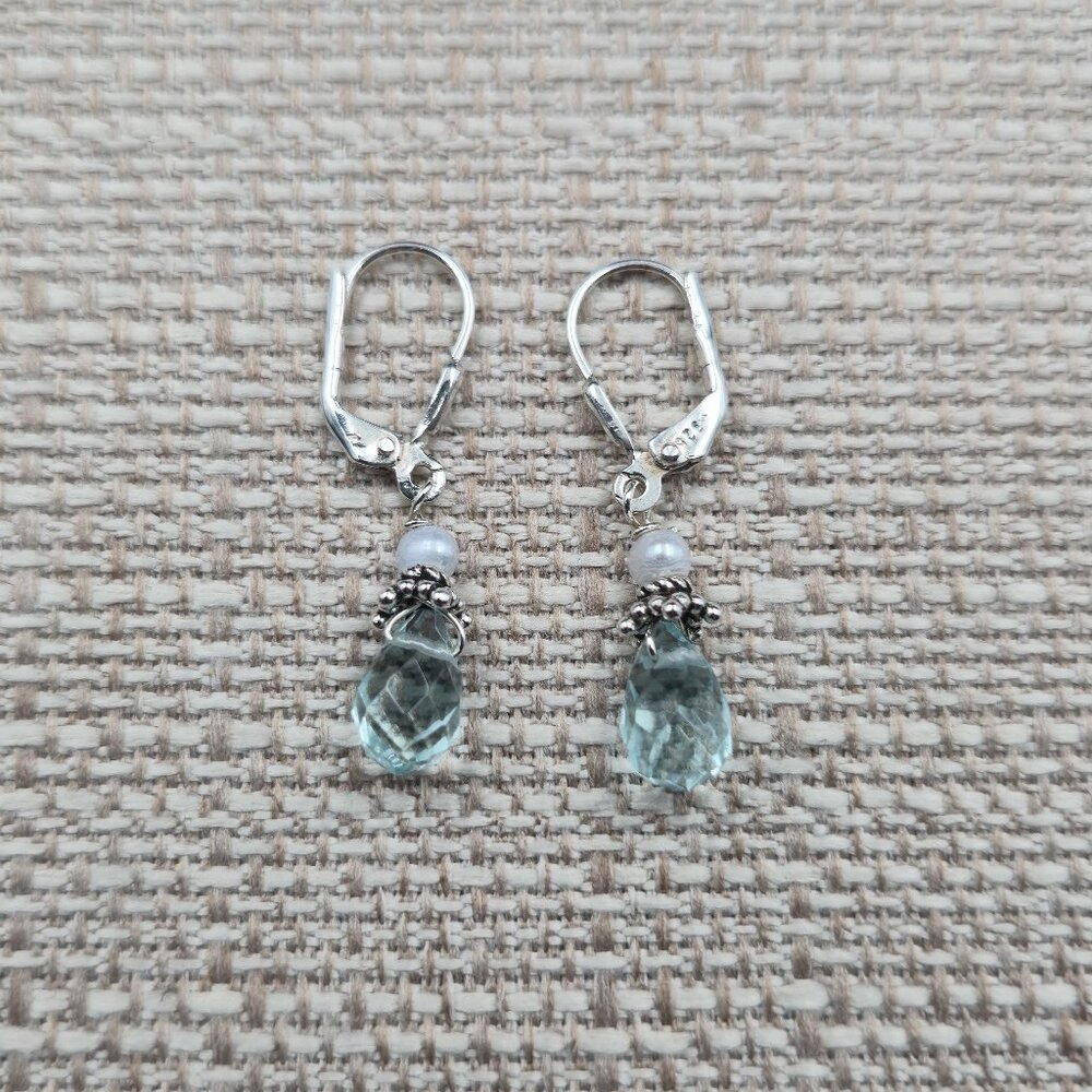 Sterling Silver Faceted Blue Glass And Genuine Pearl Earrings A6163